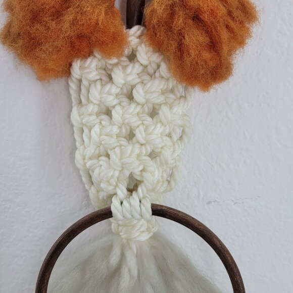 Macrame Wall Hanger with Brown Wood Hoop Off White w Rust Orange Butterfly Towel - Picture 4 of 15